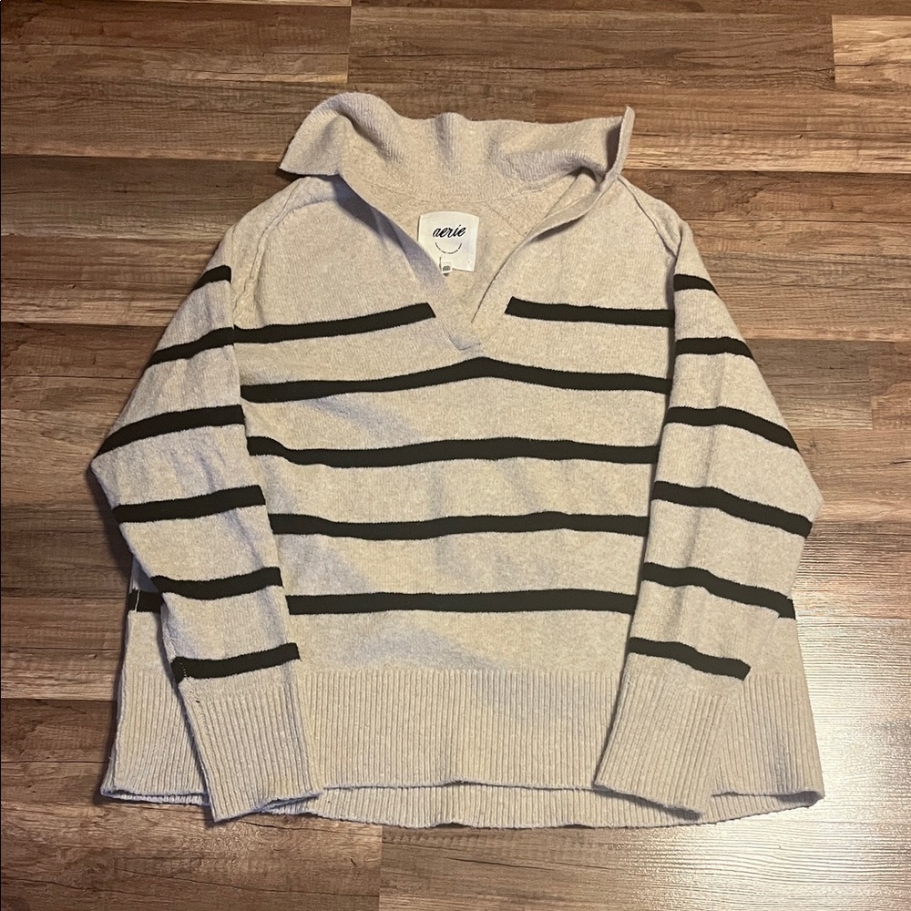 Aerie Beige and Black Striped V-Neck Sweater